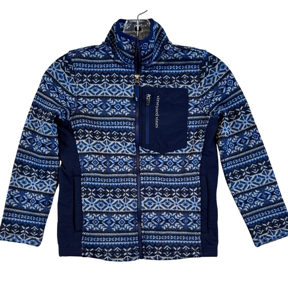 Vineyard Vines Kids 7 Blue Fair Isle Nordic Full Zip Fleece Jacket Mock Neck